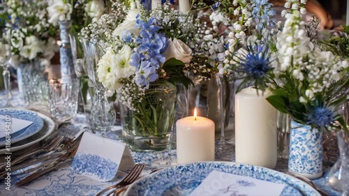 Wedding table set up in a classic style, blue and white. Rustic with blue flowers, candles, and plates Sitting cards set mock-up