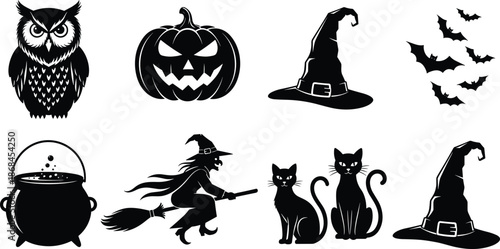 Halloween witch elements illustration, spooky owl pumpkin cat silhouettes vector set, black and white magic icons, creepy festive Halloween design