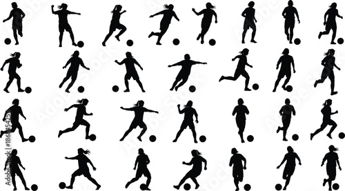 Set of female soccer player silhouettes, girls playing football icons, athlete dribbling ball, women sports action figures, professional soccer vectors