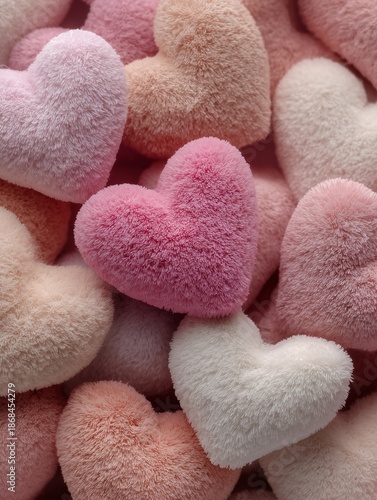 Close-up of pastel-colored, fluffy heart-shaped objects. Evoking feelings of tenderness and affection, with delicate textures and gentle hues.
