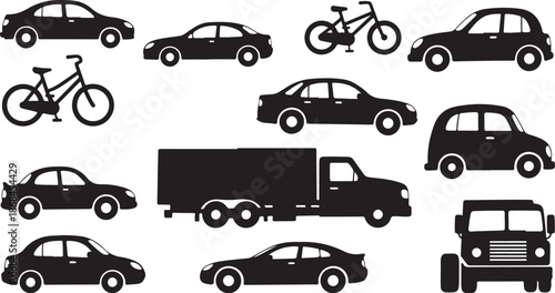 Silhouettes of various vehicles and a bicycle