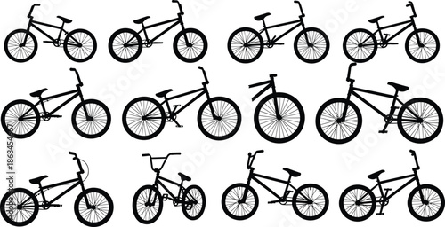 BMX bicycle silhouette set, extreme sports bike vector icons, freestyle cycling illustrations, stunt bicycle frame poses, urban riding equipment bundle