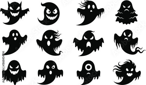 Spooky ghost silhouettes illustration, scary Halloween spirit characters vector set, creepy cartoon ghost icons collection, black and white horror design