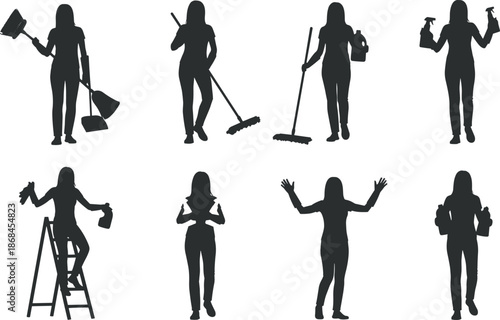 Collection of Cleaning Service Worker Silhouettes Including Women Using Brooms, Mops, Spray Bottles, and Ladders for Housekeeping and Professional Janitorial Work