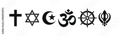 Set of world religious symbols in black on white background. the Cross, Star of David, Crescent Moon and Star, Om, Khanda sikh and Dharma Wheel.
