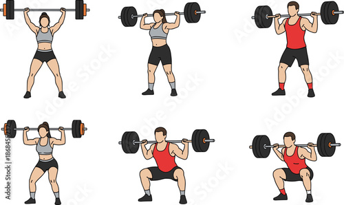 Fitness workout vector set, man and woman lifting barbells, weightlifting exercises, squat and overhead press illustrations, gym training icons, isolated on white background, design.