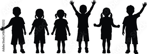 Happy children silhouette set, diverse kids group standing together, childhood vector icons, boy and girl silhouettes, isolated on white background, school youth design element.