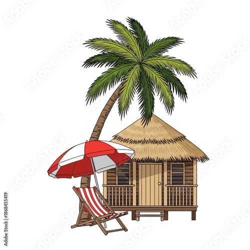 A serene beach hut with a palm tree and a red umbrella and chair for relaxation and vacation