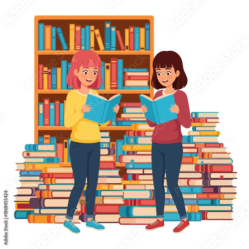 Two women reading books in front of a large bookshelf stacked high with colorful books together