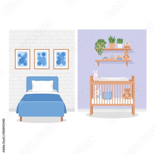 Nursery room interior with baby bed and furniture