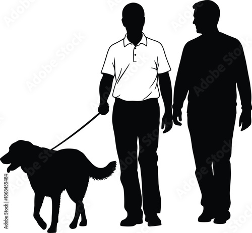 Two men walking dog silhouette, male friends strolling with pet on leash, outdoor activity vector, people and animal graphics, isolated on white background, design.