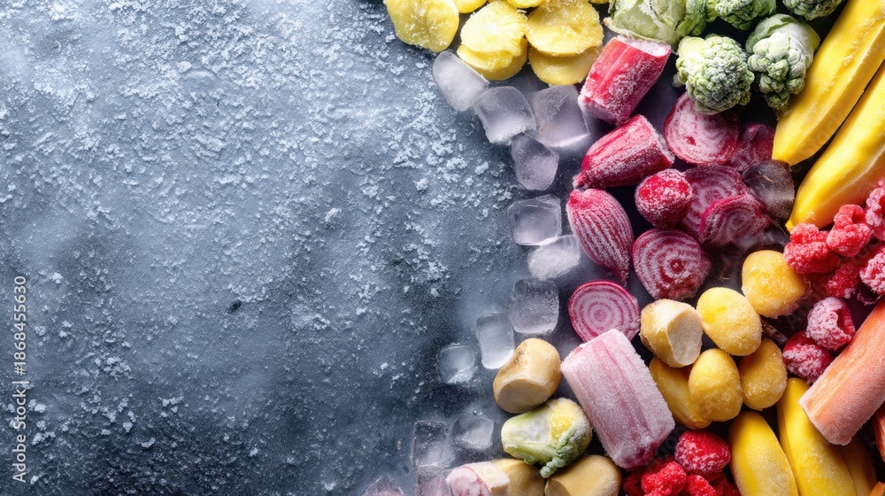 Fototapeta premium Colorful assortment of frozen fruits and vegetables on icy surface.