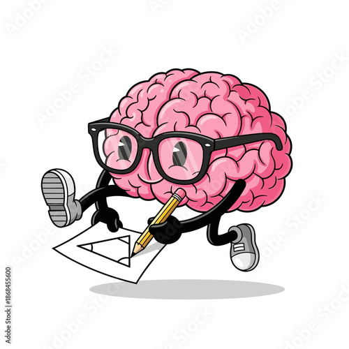 Funny cartoon brain character wearing glasses and running with pencil