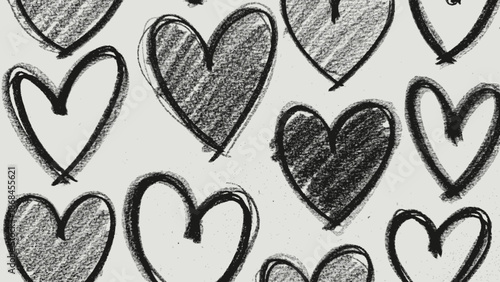 Hand drawn black and white heart pattern on white background.