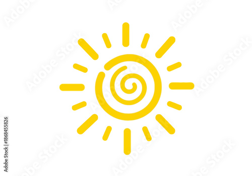 Simple yellow sun icon with rays shining bright on a for warmth and happiness