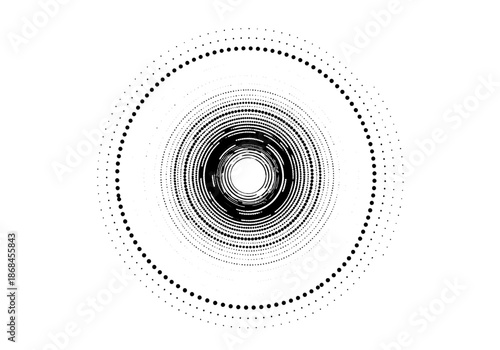 Black and white abstract circular design with dotted lines and shapes