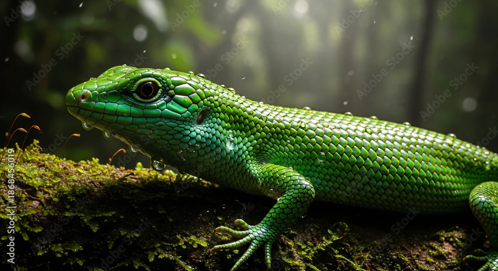 Fototapeta premium Detailed green lizard on mossy branch in tropical rainforest