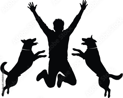 Silhouette of person jumping with two dogs leaping, joyful moment illustration, black and white graphic, transparent background, playful interaction design