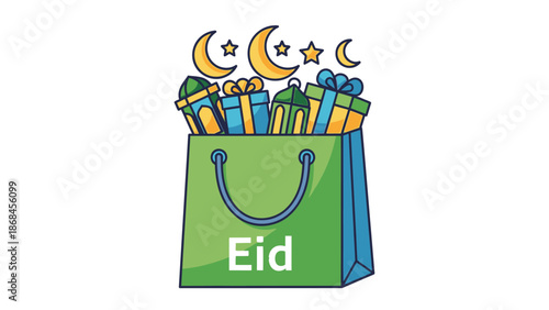 Graphic illustration of a green gift bag filled with colorful presents labeled Eid with crescent moon and stars on a white background.