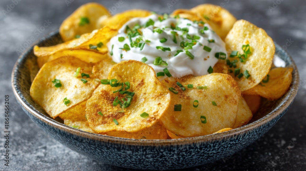 Fototapeta premium Crispy potato chips with creamy sour cream and chive dip.