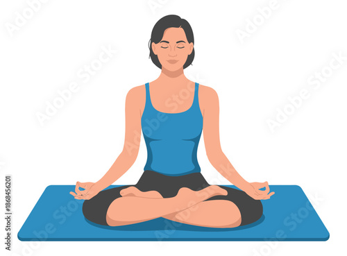 Woman sits peacefully in lotus position for mindful meditation practice.
