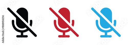Microphone restriction icon, mute, no record. Mute icon symbol with line through the microphone in vector. 