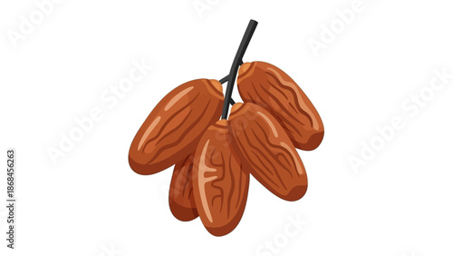 Illustration of several dates hanging from a stem against a white background.