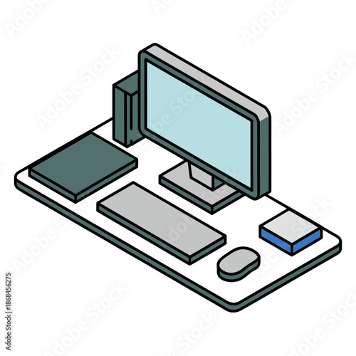 Isometric desktop computer setup shows monitor, keyboard, mouse, and system unit.