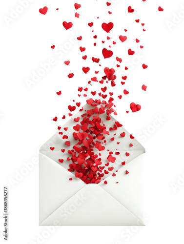 An open envelope overflowing with a cascade of radiant red hearts