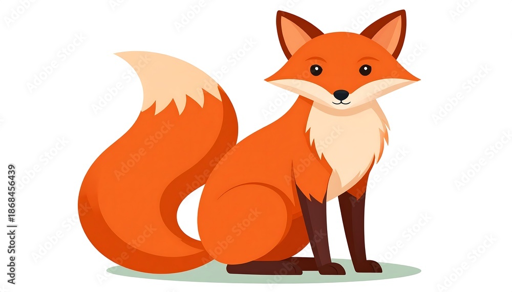 Obraz premium A charming cartoon depiction of a seated fox, rendered in vibrant orange and white hues, with a bushy tail. The animal gazes forward