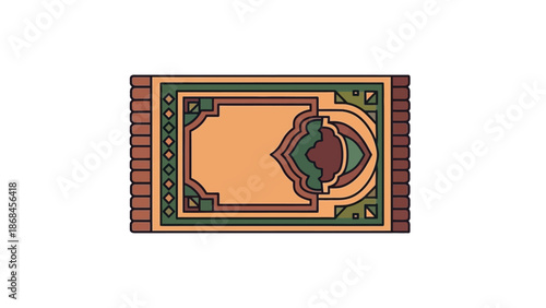 Overhead view of an ornate, rectangular rug with intricate green, orange, and brown patterns on a plain white background.