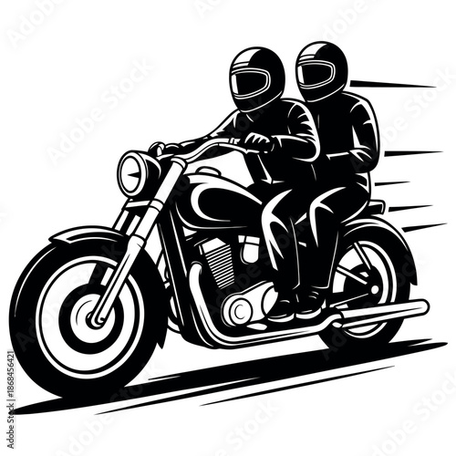 Two riders speed along on a powerful cruiser motorcycle wearing protective helmets.