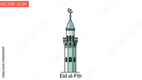 Vector illustration of a mosque minaret with a crescent moon on top, labeled 'Eid al-Fitr', against a white background.