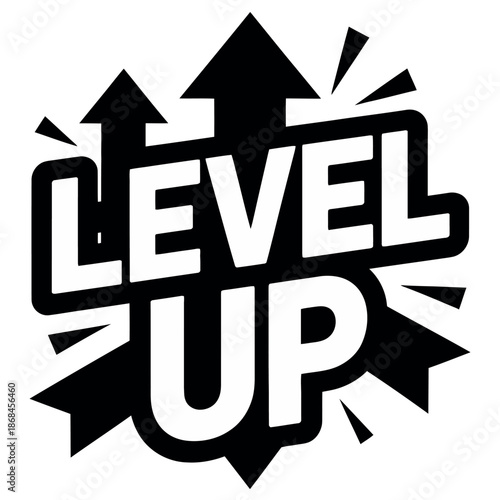 Bold black and white text emphatically declares 'Level Up' amidst ascending arrow.