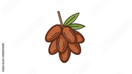 Illustration of a cluster of dates with green leaves on a white background in a flat cartoon style.