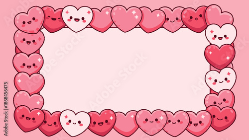 Cute Cartoon Heart Frame with Smiling Faces on Pink Background.