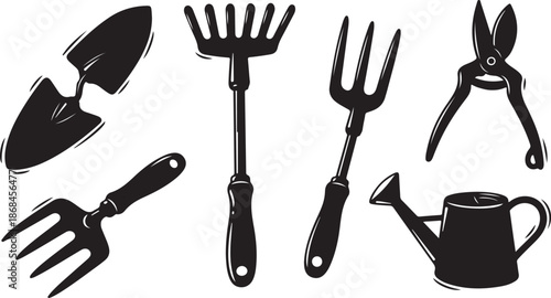 Gardening tools icons set in black and white