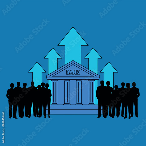 Crowds of people stand before a bank building featuring large upward trending.