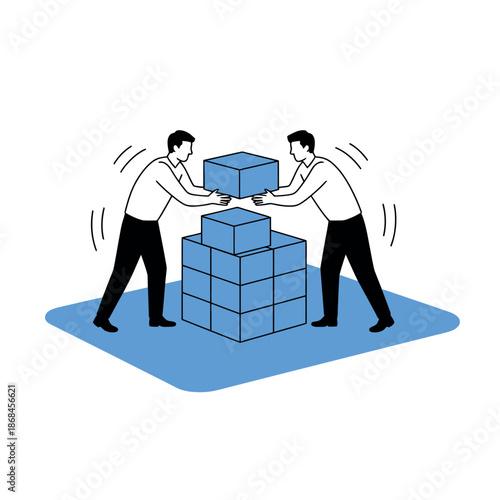 Two businessmen build a strong structure by carefully stacking large blue blocks.