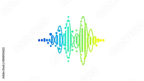 Multicolored sound wave graphic with blue, green, and yellow hues on a white background, depicted in a stylized waveform pattern.
