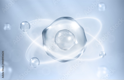 Molecules inside bubbles on blue background. Water serum bubble. Cosmetic essence. Concept skin care cosmetics solution. Vector 3d illustration