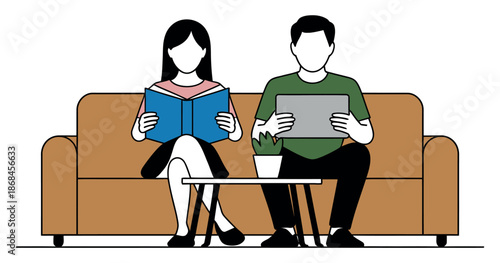 A couple sits reading on a sofa while engaging with different media formats.