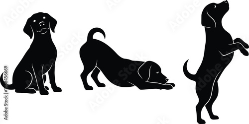 Silhouettes of dog in sitting, playful, and begging poses, black and white graphic, pet behavior illustration, transparent background, expressive animal design