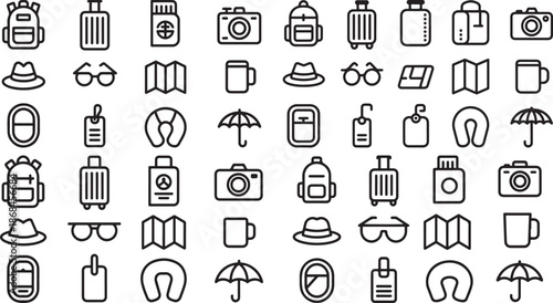 Travel and vacation icons in a single line style on white background