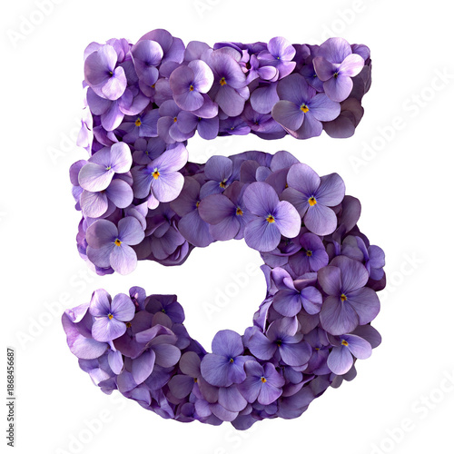 Top view of a 3D letter 5 made of violet flowers isolated on a white transparent background