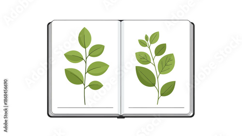 Open book with green leaves on white pages naturally