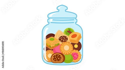 Flat illustration of a glass jar filled with assorted colorful cookies on a plain white background.