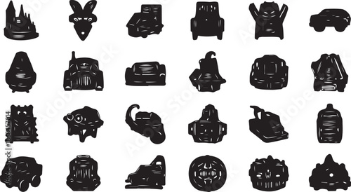 Collection of black monster masks and creatures