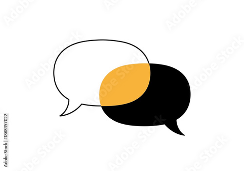 Overlapping speech bubbles in black, white, and orange colors