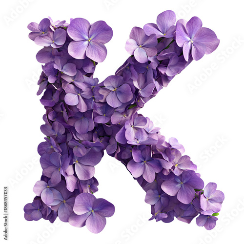Top view of a 3D letter K made of violet flowers isolated on a white transparent background